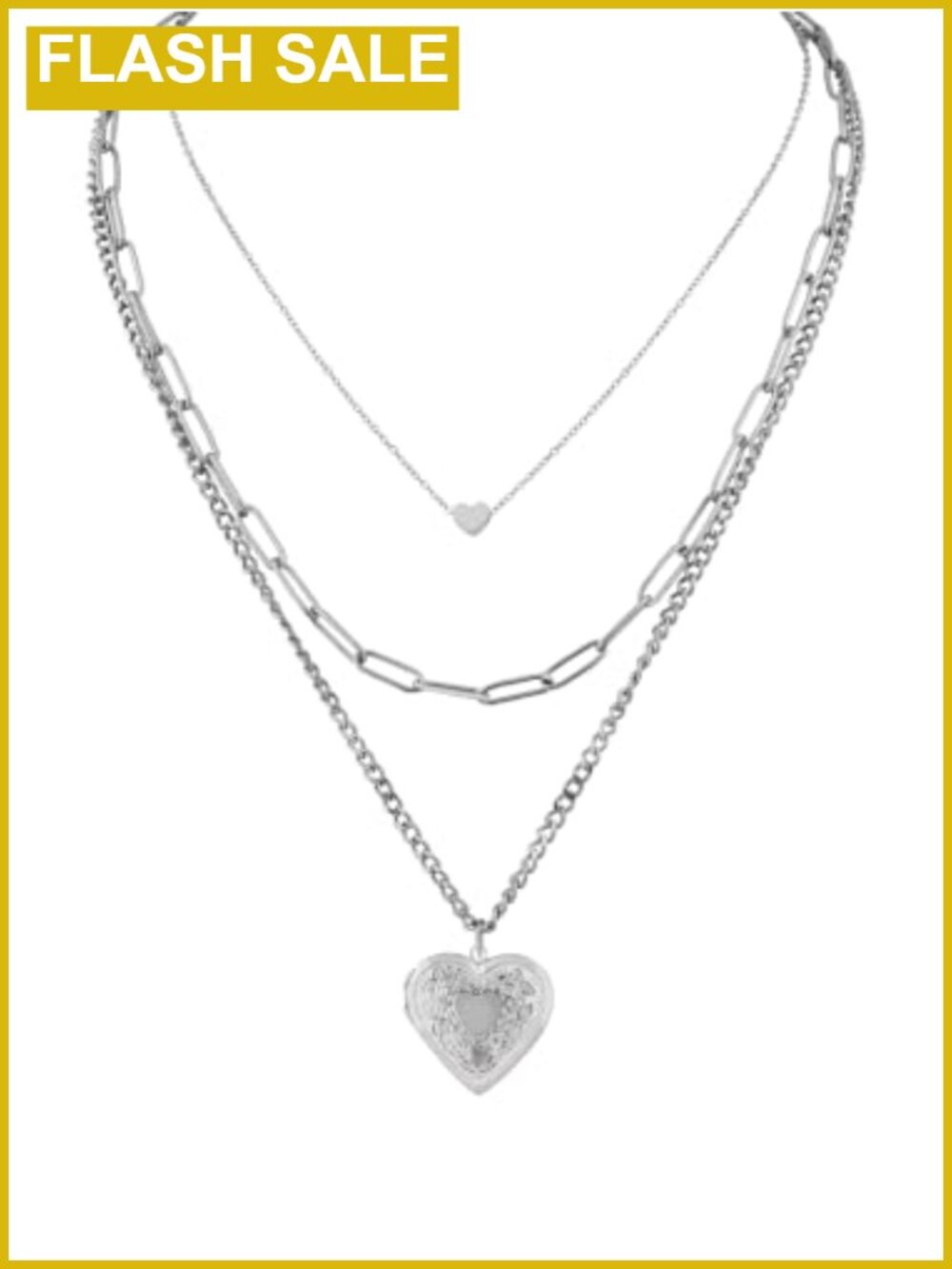 Layered Locket Heart Choker Necklace Silver-Tone Gothic Emo Grunge